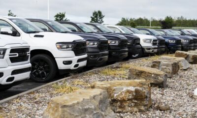 Statistics Canada says retail sales rose 0.9 per cent to $66.4 billion in July, helped by stronger new car sales. Pickup trucks are pictured at an automotive dealership in Ottawa on Friday, Aug. 11, 2023.