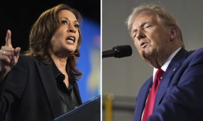 This combination photo shows Democratic presidential nominee Vice President Kamala Harris at a rally in Flint, Mich., Oct. 4, 2024, left, and Republican presidential nominee former President Donald Trump at a campaign rally in Walker, Mich., Sept. 27, 2024.