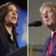 This combination photo shows Democratic presidential nominee Vice President Kamala Harris at a rally in Flint, Mich., Oct. 4, 2024, left, and Republican presidential nominee former President Donald Trump at a campaign rally in Walker, Mich., Sept. 27, 2024.