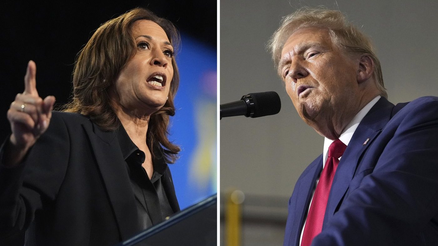 This combination photo shows Democratic presidential nominee Vice President Kamala Harris at a rally in Flint, Mich., Oct. 4, 2024, left, and Republican presidential nominee former President Donald Trump at a campaign rally in Walker, Mich., Sept. 27, 2024.