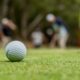 A golf ball is visible on a golf course.