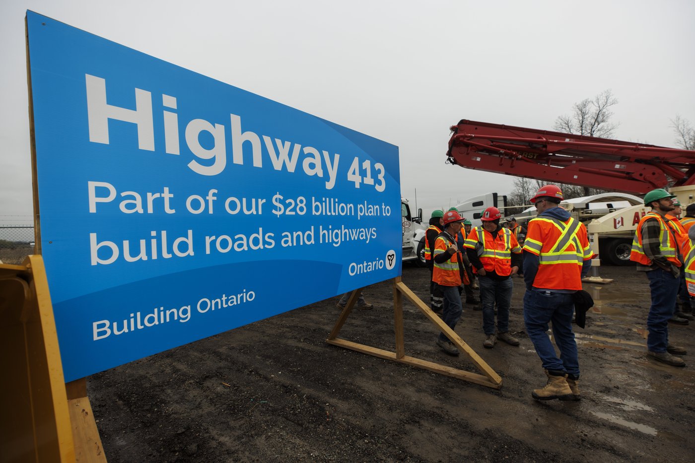 Signage for newly-announced Highway 413 is seen during a news conference in Caledon, Ont., Tuesday, April 30, 2024