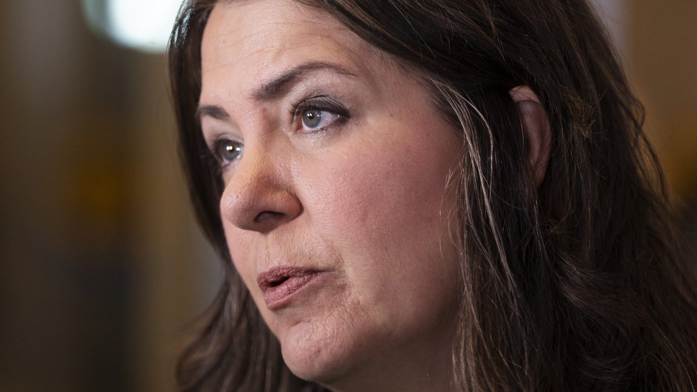 Alberta Premier Danielle Smith speaks with reporters before a meeting in Halifax on July 15, 2024