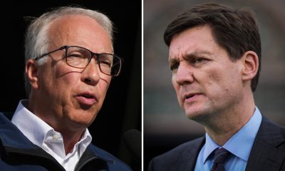 In this two-photograph panel; Conservative Leader John Rustad, left, speaks during a campaign stop in Abbotsford, and B.C. NDP Leader David Eby, right, speaks during a campaign stop in Langley, B.C., both on Saturday, September 28, 2024. THE CANADIAN PRESS/Darryl Dyck