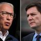 In this two-photograph panel; Conservative Leader John Rustad, left, speaks during a campaign stop in Abbotsford, and B.C. NDP Leader David Eby, right, speaks during a campaign stop in Langley, B.C., both on Saturday, September 28, 2024. THE CANADIAN PRESS/Darryl Dyck