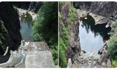 A "potential rockslide" occurred downstream of the Cleveland Dam and above the Capilano River Hatchery in North Vancouver Thursday, says MVRD. Per MVRD, image shows site in 2015 compared to today.