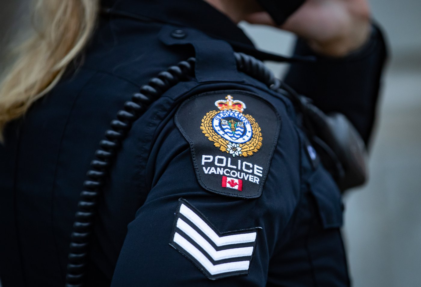 A Vancouver Police Department patch is seen on an officer's uniform in the Downtown Eastside of Vancouver, B.C., Saturday, Jan. 9, 2021. THE CANADIAN PRESS/Darryl Dyck