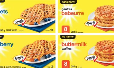 English and French product images for No Name blueberry and buttermilk waffles are shown in this undated handout image