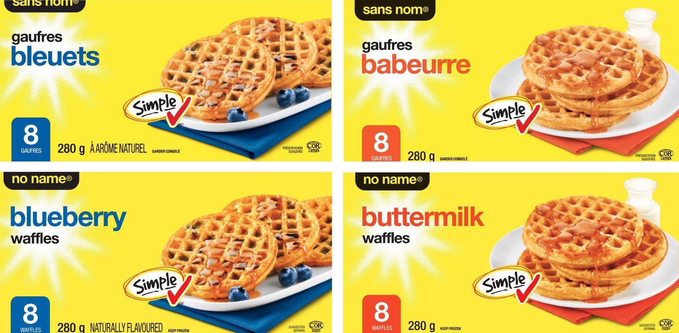 English and French product images for No Name blueberry and buttermilk waffles are shown in this undated handout image