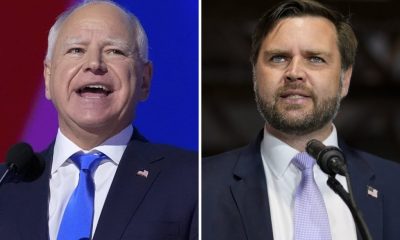 This combination of photos shows Democratic vice presidential candidate Minnesota Gov. Tim Walz, left, at the DNC on Aug. 21, 2024, in Chicago, and Republican vice presidential nominee Sen. JD Vance, R-Ohio, on Sept. 25, 2024, in Traverse City, Mich.