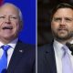 This combination of photos shows Democratic vice presidential candidate Minnesota Gov. Tim Walz, left, at the DNC on Aug. 21, 2024, in Chicago, and Republican vice presidential nominee Sen. JD Vance, R-Ohio, on Sept. 25, 2024, in Traverse City, Mich.