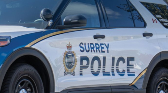 The side of a Surrey Police Service cruiser.