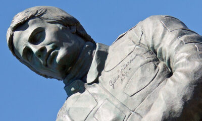 A statue of Gilles Villeneuve is shown outside the Gilles Villeneuve Museum