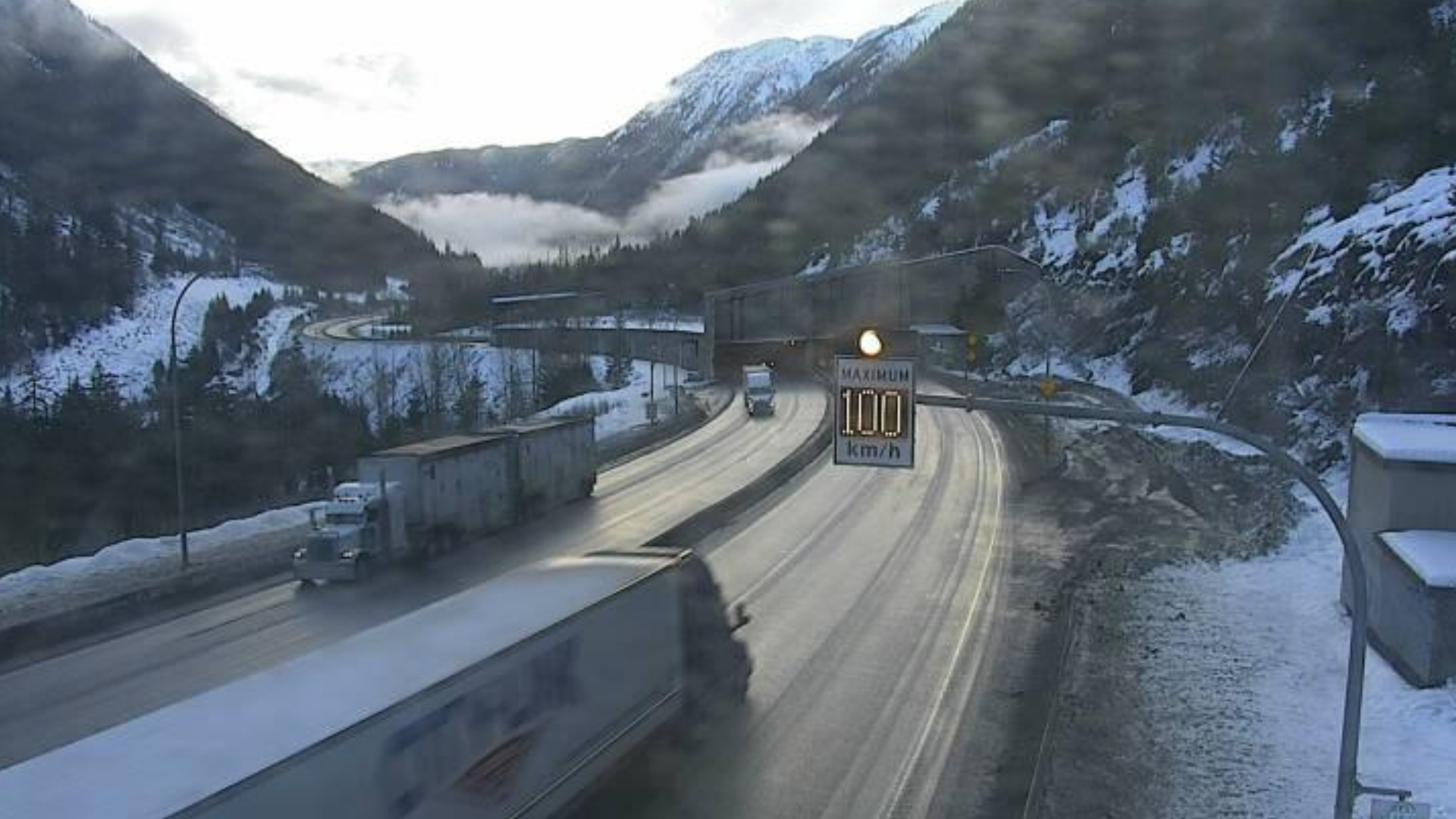 A webcam shows the Great Bear Snowshed on the Coquihalla Highway