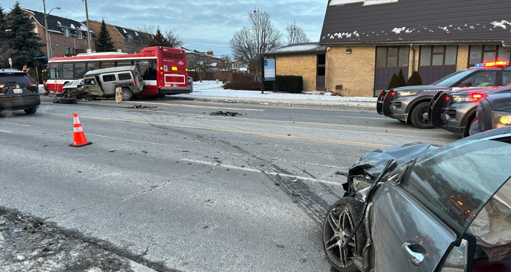 The scene of a collision involving a TTC bus on Weston Road on January 20, 2024. (Giancarlo DeSantis/CITYNEWS)