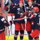 FILE - Players with the Brooks Bandits celebrate a goal during regular season play