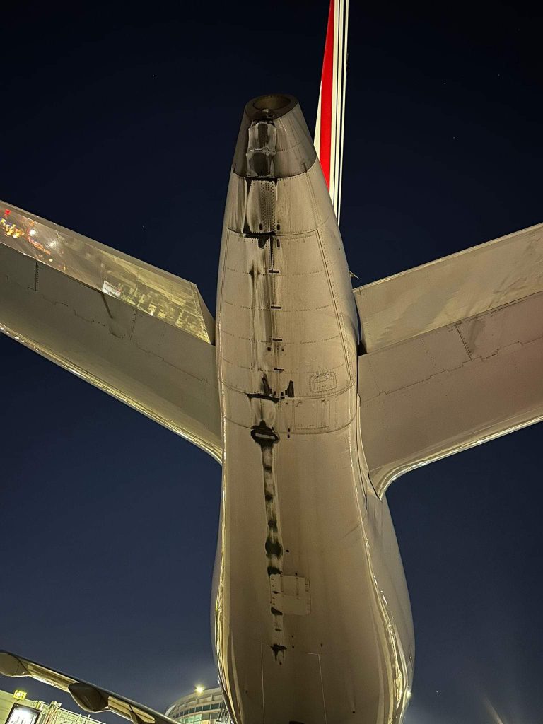 Damage to an Air France airbus after it dragged its tail on the runway at Toronto Pearson Airport after a landing rate warning on Sunday. (@aviationbrk/X)