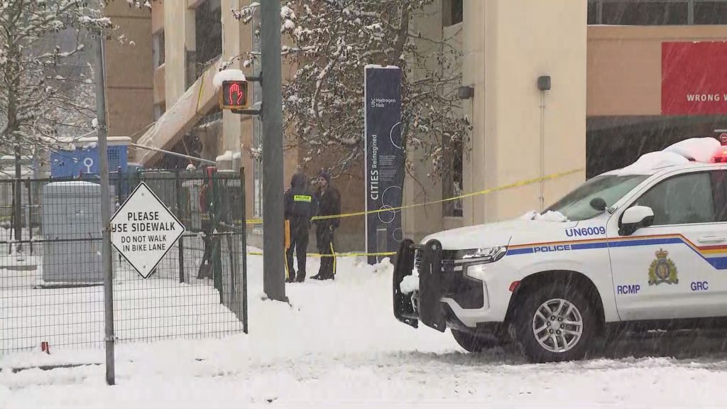 A car crashed through the second storey of a parkade building at UBC on Wednesday, Jan. 17, 2024, falling to the ground below