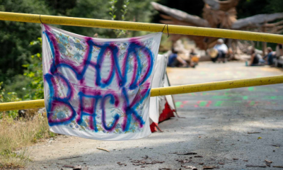 A Land Back sign at the Fairy Creek Blockade on Vancouver Island.