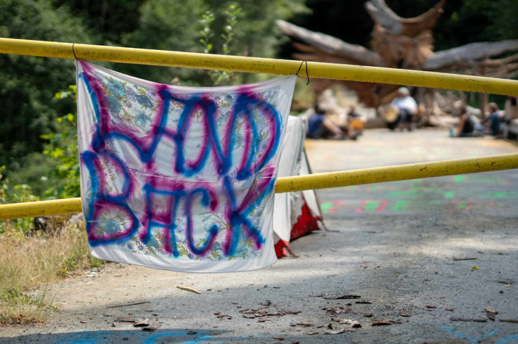 A Land Back sign at the Fairy Creek Blockade on Vancouver Island.