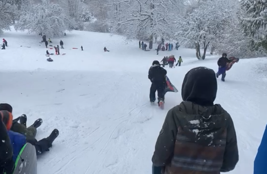 People in Vancouver's Queen Elizabeth Park toboggan down a hill during a snowstorm on Jan. 17, 2024