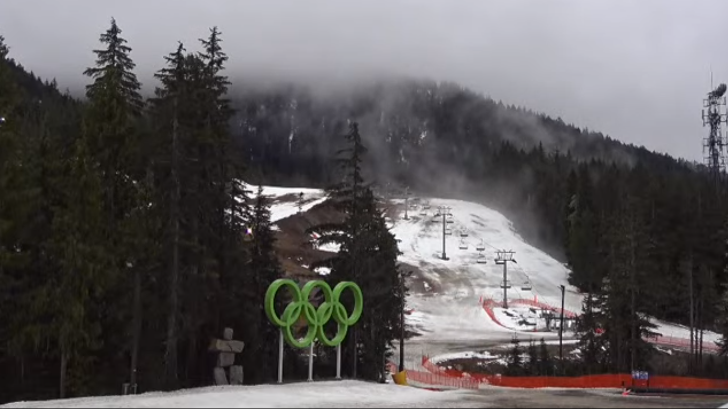 A view from the Olympic Plaza camera at Cypress Mountain on Wednesday, Jan. 31, 2024, shows little snow under the chair lift.