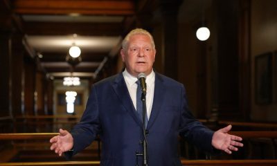 Ontario Premier Doug Ford speaks to journalists at the Queen's Park Legislature