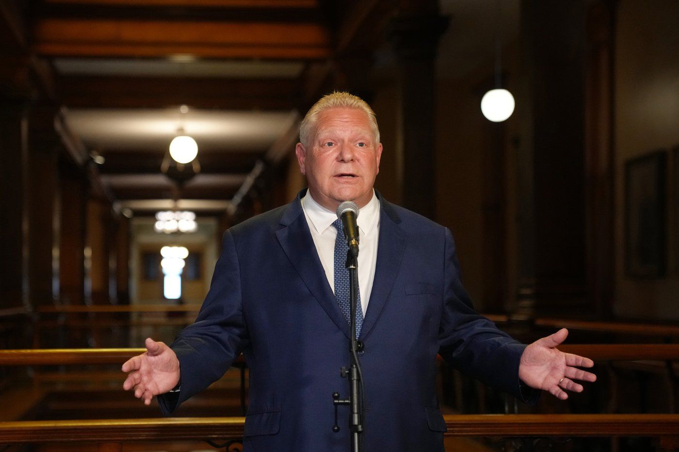 Ontario Premier Doug Ford speaks to journalists at the Queen's Park Legislature