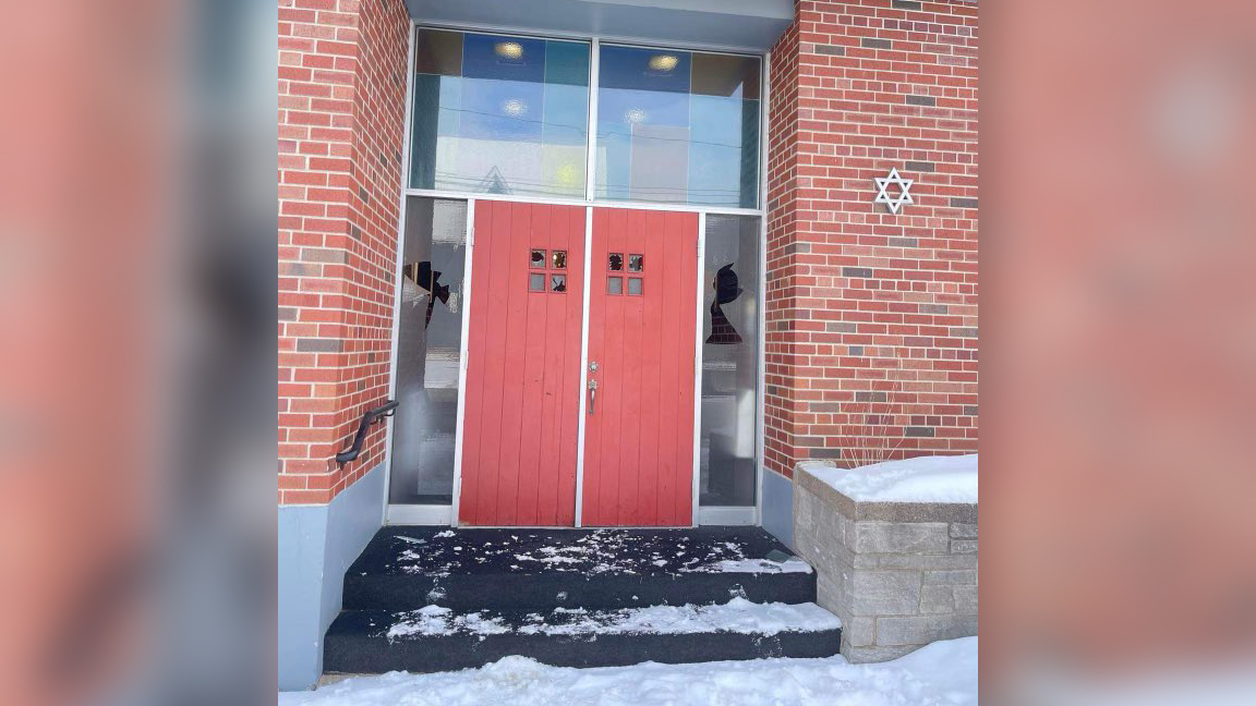 Photo of vandalism at Sgoolai Israel Synagogue in Fredericton