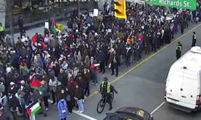 File photo of hundreds of people marching through the streets of downtown Vancouver in November 2023 calling for a ceasefire in Gaza.