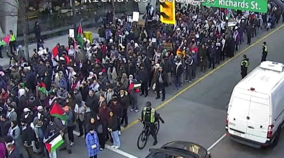 File photo of hundreds of people marching through the streets of downtown Vancouver in November 2023 calling for a ceasefire in Gaza.