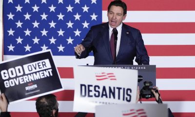 FILE - Republican presidential candidate Florida Gov. Ron DeSantis speaks to supporters during a caucus night party, Jan. 15, 2024, in West Des Moines, Iowa