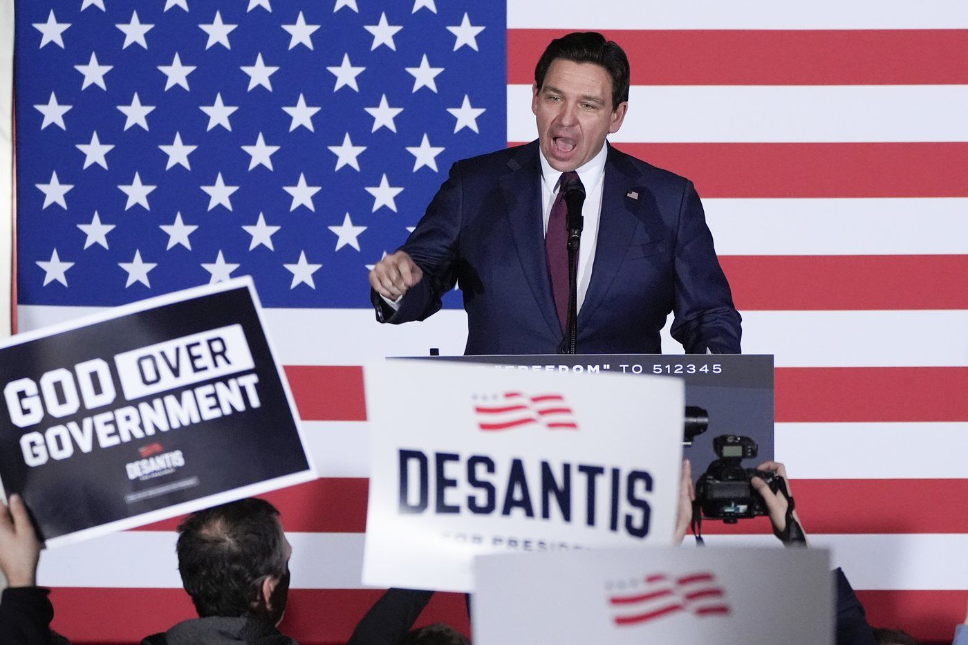 FILE - Republican presidential candidate Florida Gov. Ron DeSantis speaks to supporters during a caucus night party, Jan. 15, 2024, in West Des Moines, Iowa