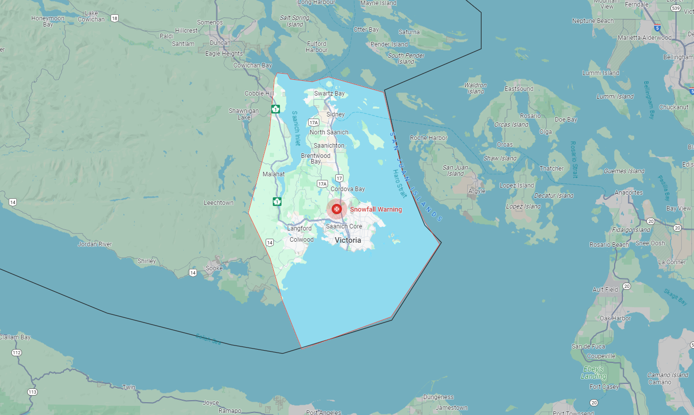 A snowfall warning has been issued by Environment Canada for Greater Victoria