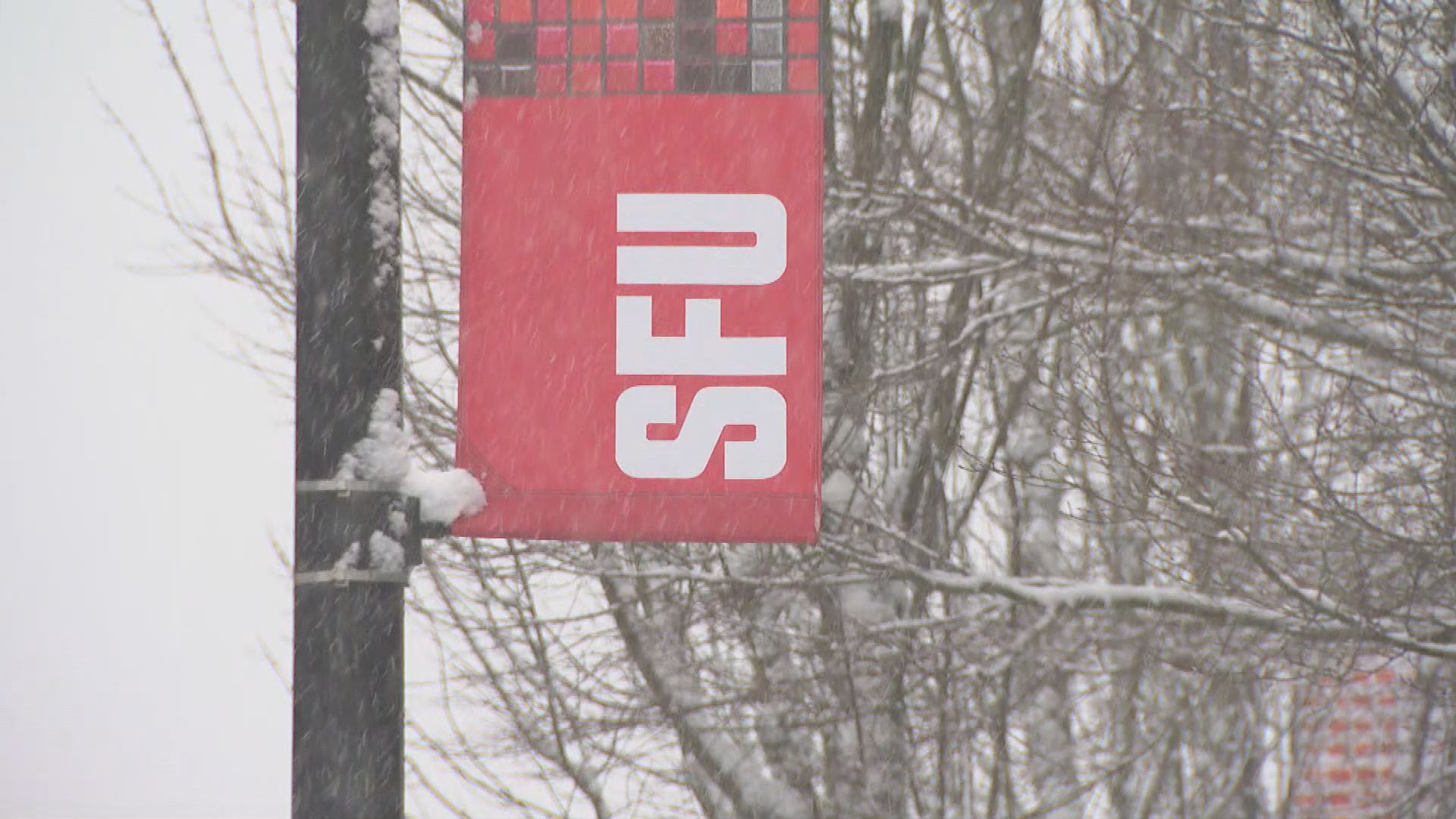 Snow in atop Simon Fraser University in Burnaby, B.C.