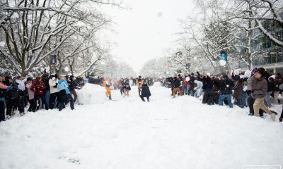 Students at the University of British Columbia gathered on Thursday for a snowball fight on a day when classes were cancelled due to snow