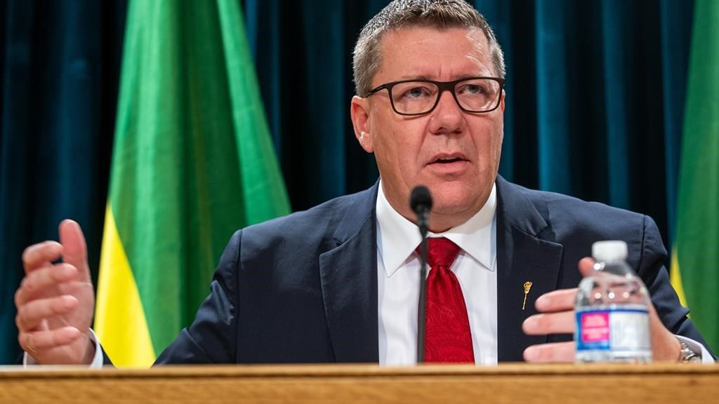 Saskatchewan Premier Scott Moe speaks during a press conference in Regina on Oct. 25, 2023