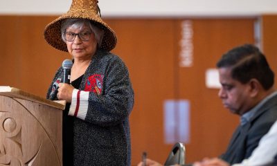 Chief of the Matsqui Nation Alice McKay addresses the Minister of Crown-Indigenous Relations Gary Anandasangaree, during a news conference announcing a settlement that addresses a historical wrong on the Matsqui First Nation in Abbotsford, B.C., on Wednesday, Feb. 21, 2024. THE CANADIAN PRESS/Ethan Cairns. ETHAN CAIRNS