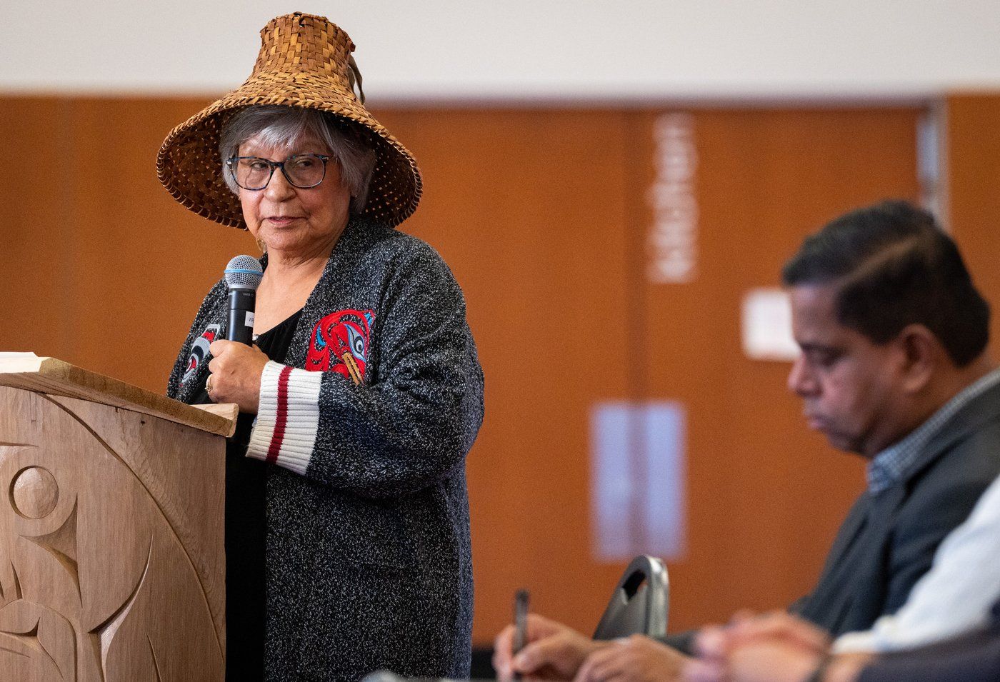 Chief of the Matsqui Nation Alice McKay addresses the Minister of Crown-Indigenous Relations Gary Anandasangaree, during a news conference announcing a settlement that addresses a historical wrong on the Matsqui First Nation in Abbotsford, B.C., on Wednesday, Feb. 21, 2024. THE CANADIAN PRESS/Ethan Cairns. ETHAN CAIRNS