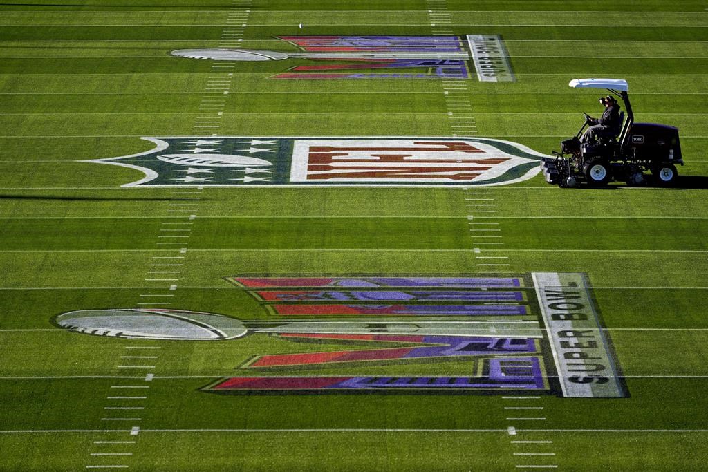 Grounds crew prepare the field outside Allegiant Stadium ahead of the NFL Super Bowl 58 football game, early Saturday, Feb. 3, 2024, in Las Vegas.