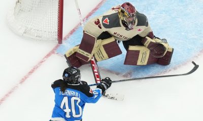 Toronto's Blayre Turnbull shoots at Montreal goaltender Ann-Renee Desbiens during first period PWHL hockey action