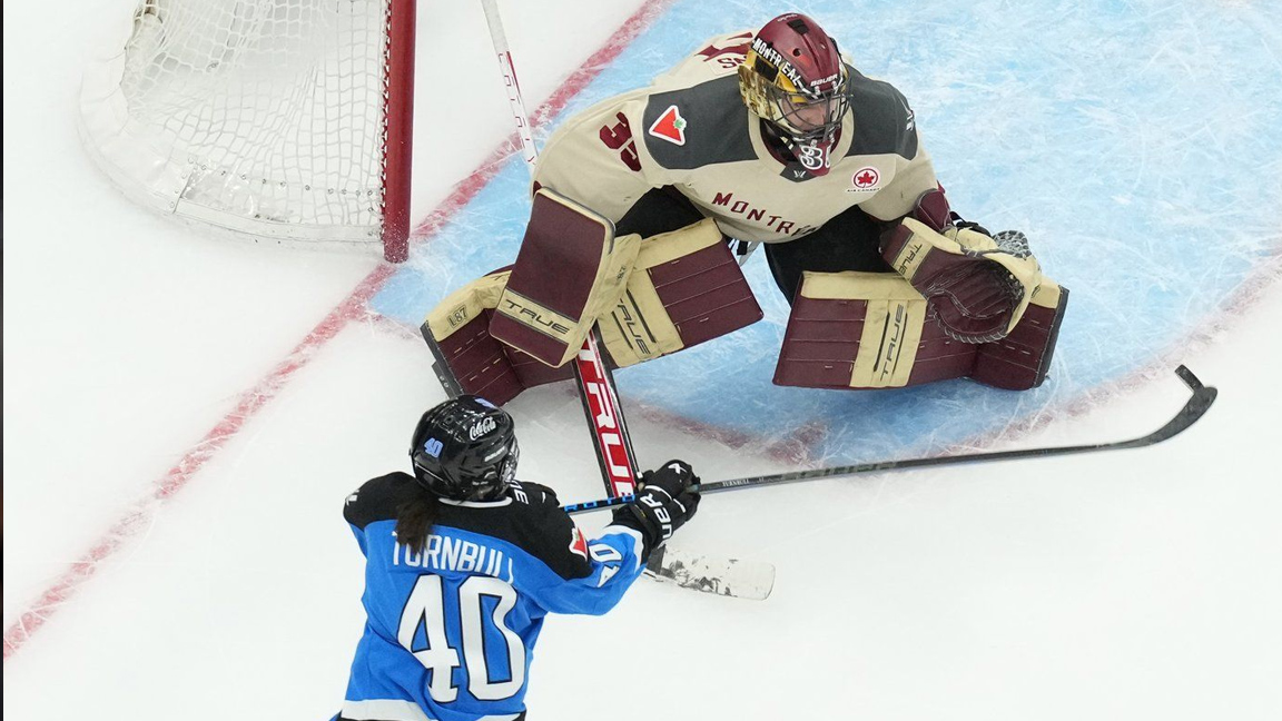 Toronto's Blayre Turnbull shoots at Montreal goaltender Ann-Renee Desbiens during first period PWHL hockey action