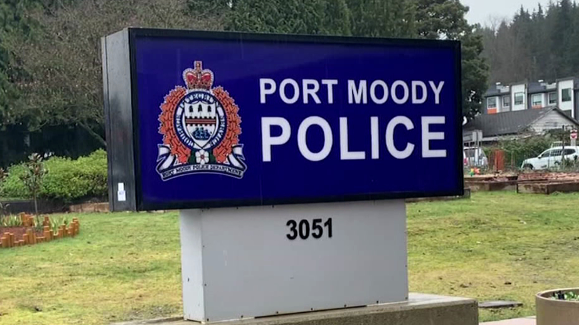 A sign at the Port Moody Police Department building on St. Johns Street