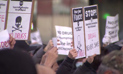 Protesters of a proposed safe injection site gather outside Richmond City Hall