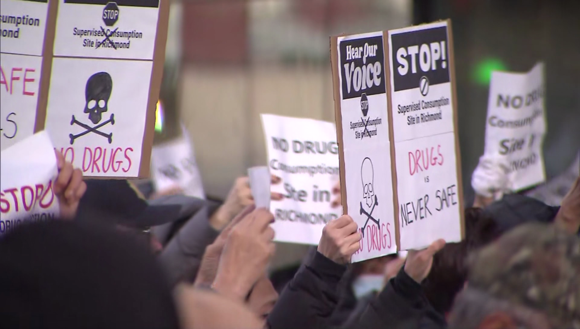 Protesters of a proposed safe injection site gather outside Richmond City Hall