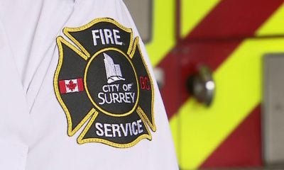 A patch on a Surrey Fire Service member's sleeve.