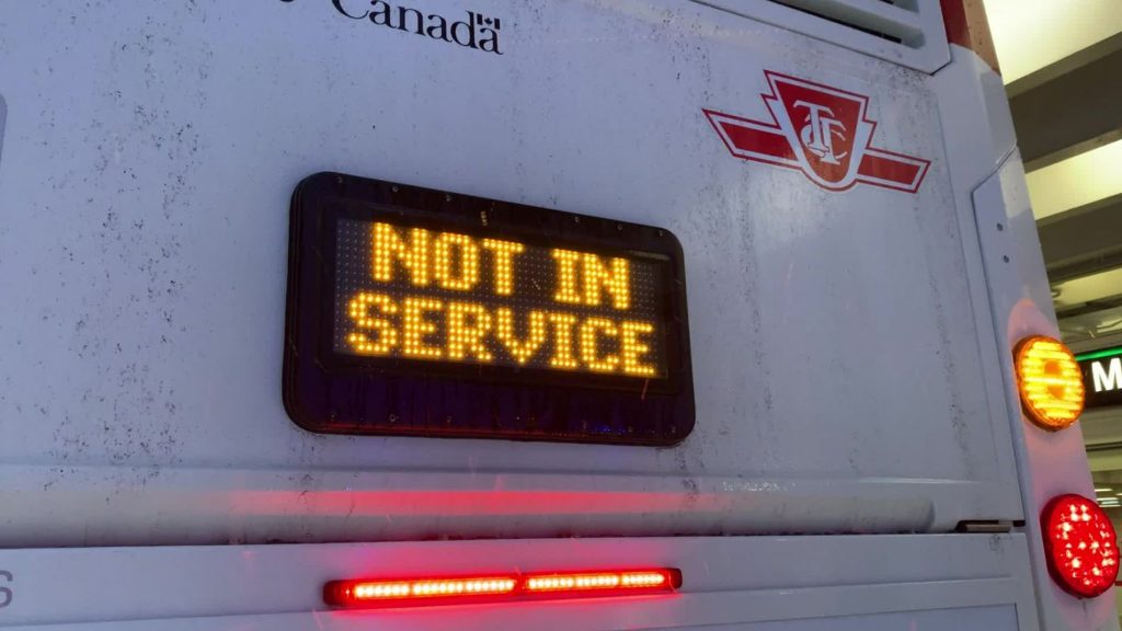 A TTC bus is shown 'out of service'.