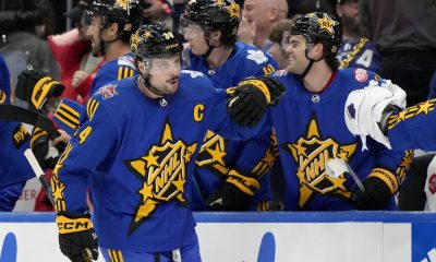 NHL All-Star Team Matthews Captain, forward Auston Matthews (34), of the Toronto Maple Leafs, celebrates his goal against Team McDavid with teammates on the bench during the NHL All-Star Game, in Toronto, Saturday, Feb. 3, 2024. THE CANADIAN PRESS/Frank Gunn