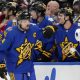 NHL All-Star Team Matthews Captain, forward Auston Matthews (34), of the Toronto Maple Leafs, celebrates his goal against Team McDavid with teammates on the bench during the NHL All-Star Game, in Toronto, Saturday, Feb. 3, 2024. THE CANADIAN PRESS/Frank Gunn