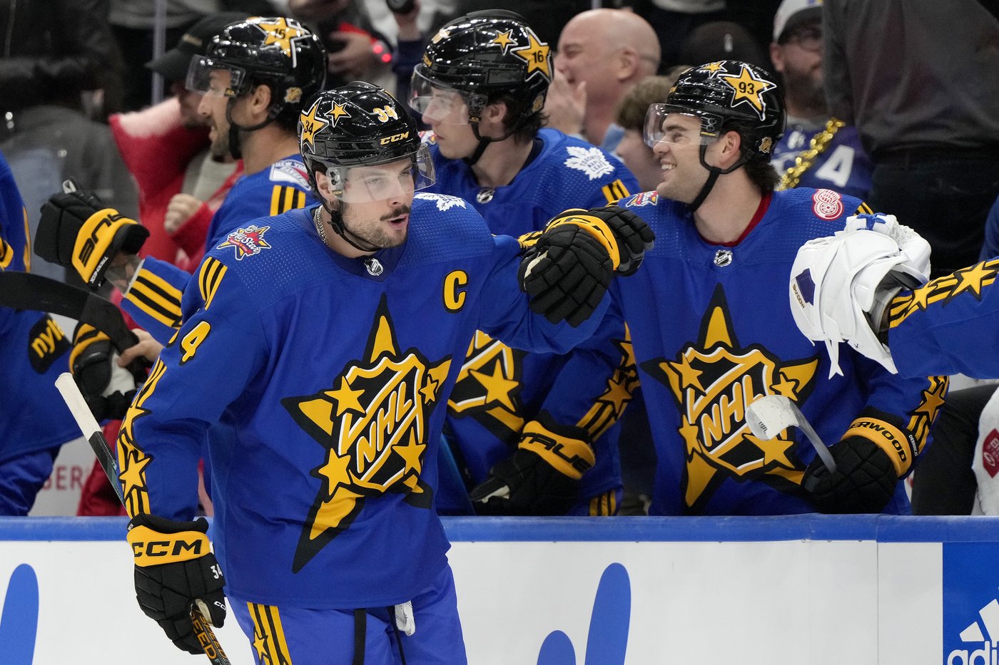 NHL All-Star Team Matthews Captain, forward Auston Matthews (34), of the Toronto Maple Leafs, celebrates his goal against Team McDavid with teammates on the bench during the NHL All-Star Game, in Toronto, Saturday, Feb. 3, 2024. THE CANADIAN PRESS/Frank Gunn